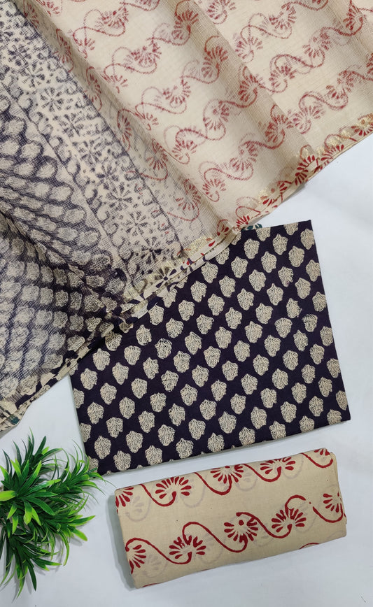 Hand Block Printed Pure Cotton Suit Set with Kota Dupatta