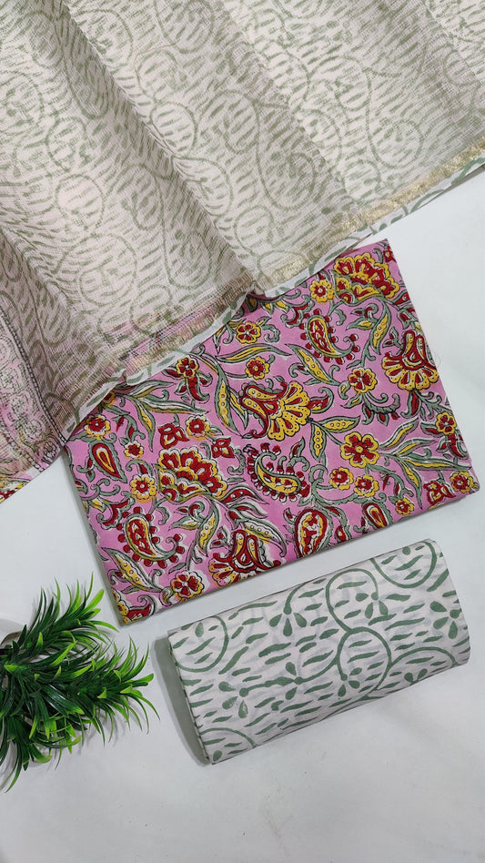 Hand Block Printed Pure Cotton Suit Set with Kota Dupatta
