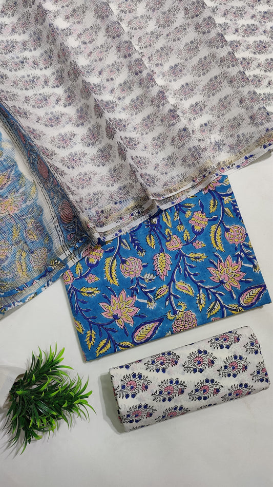 Hand Block Printed Pure Cotton Suit Set with Kota Dupatta