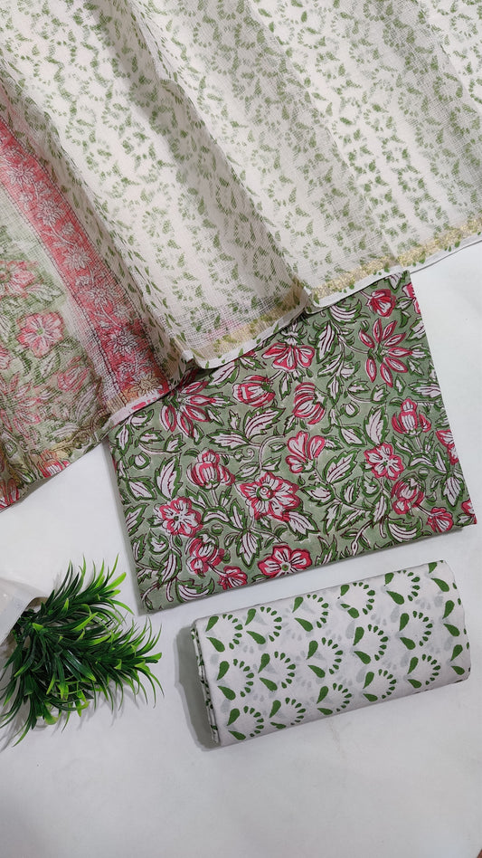 Hand Block Printed Pure Cotton Suit Set with Kota Dupatta