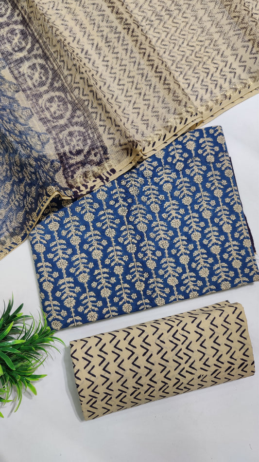 Hand Block Printed Pure Cotton Suit Set with Kota Dupatta