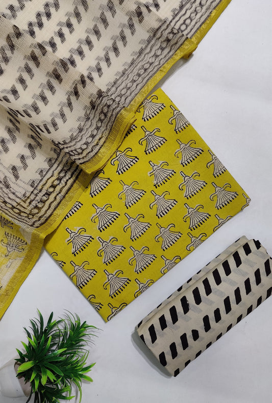 Hand Block Printed Pure Cotton Suit Set with Kota Dupatta