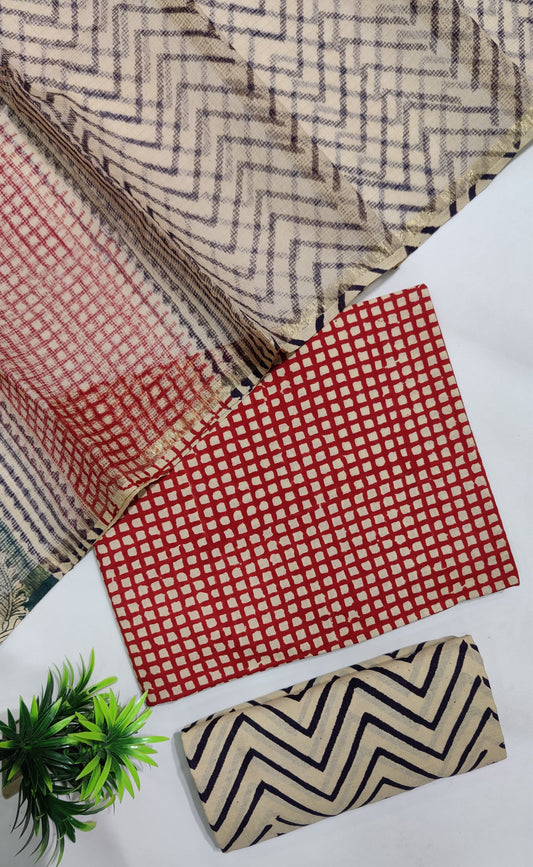 Hand Block Printed Pure Cotton Suit Set with Kota Dupatta