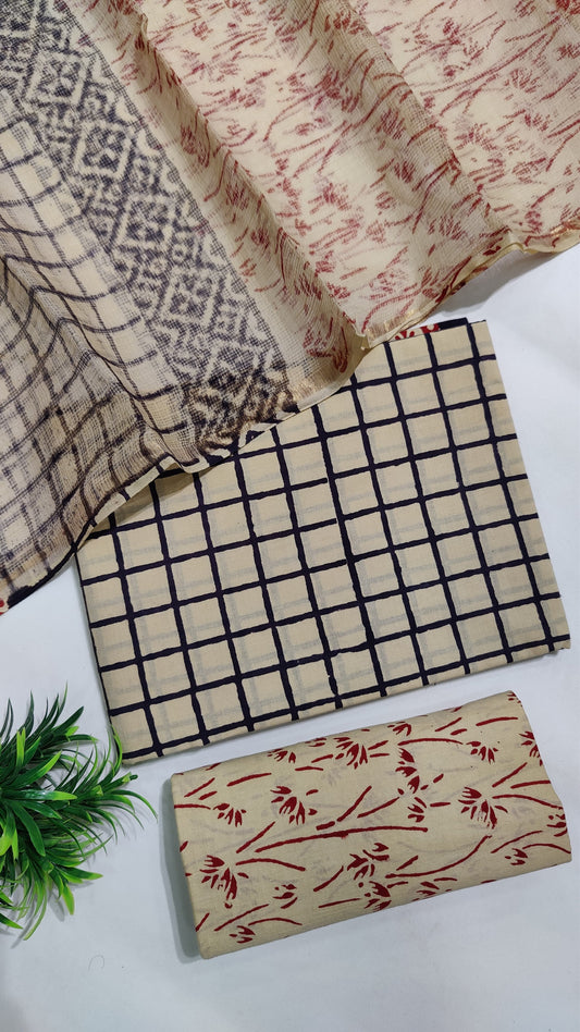 Hand Block Printed Pure Cotton Suit Set with Kota Dupatta