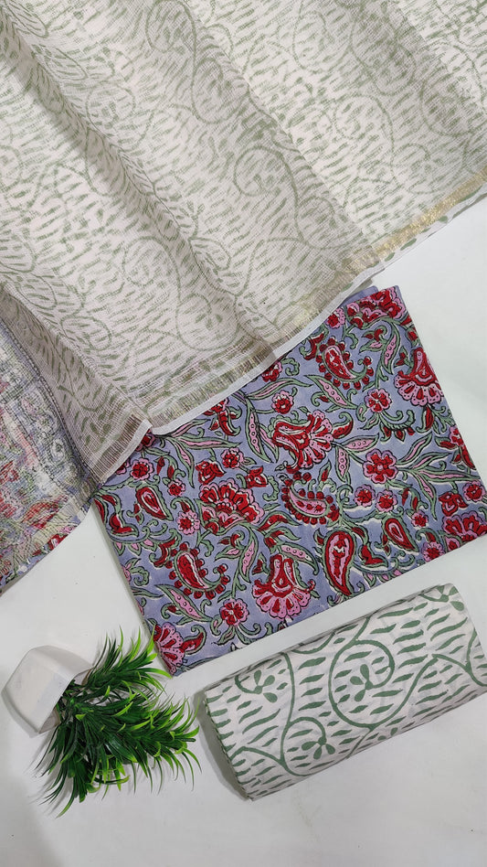 Hand Block Printed Pure Cotton Suit Set with Kota Dupatta