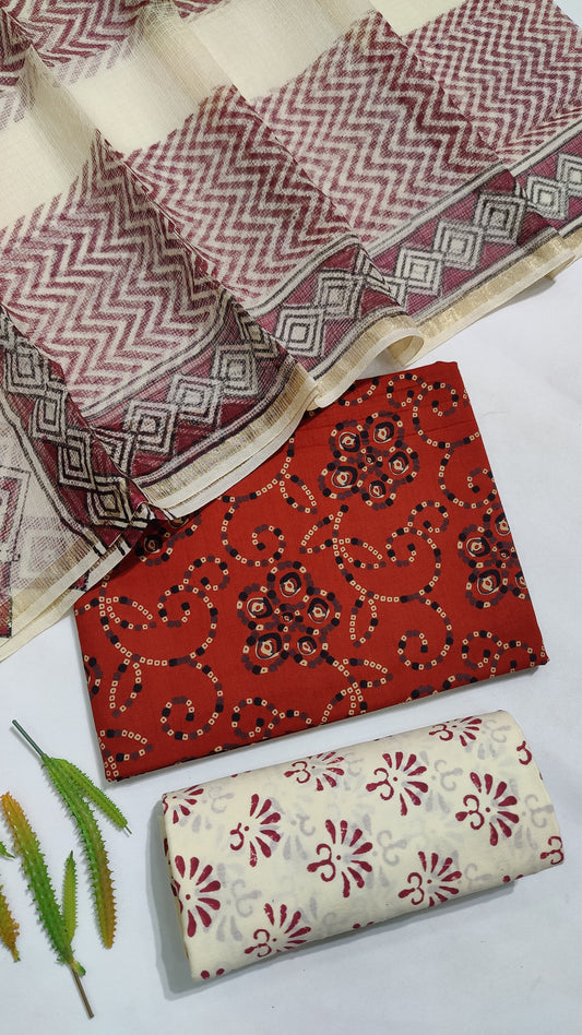Hand Block Printed Pure Cotton Suit Set with Kota Dupatta