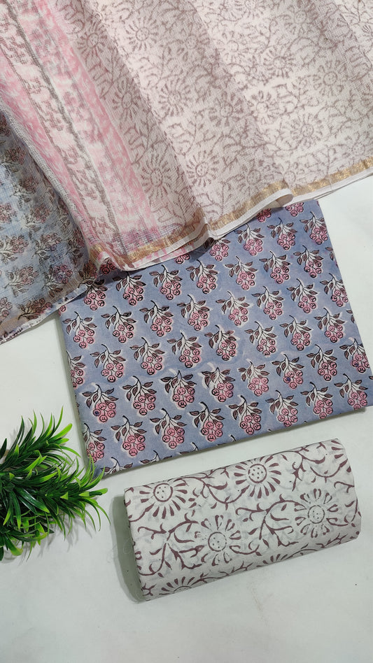 Hand Block Printed Pure Cotton Suit Set with Kota Dupatta