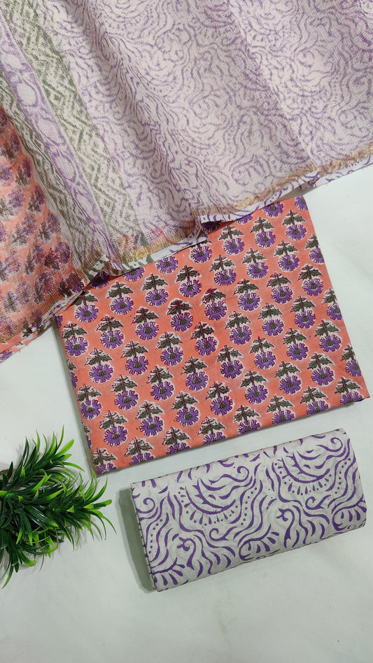 Hand Block Printed Pure Cotton Suit Set with Kota Dupatta