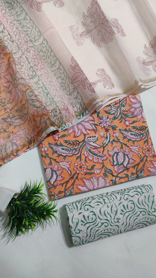 Hand Block Printed Pure Cotton Suit Set with Kota Dupatta