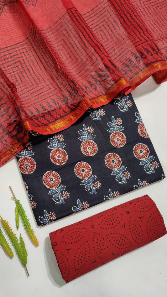 Hand Block Printed Pure Cotton Suit Set with Kota Dupatta