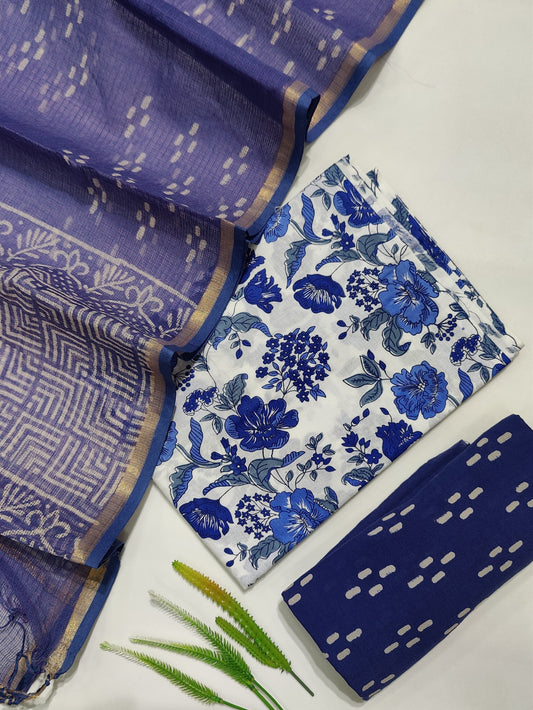 Hand Block Printed Pure Cotton Suit Set with Kota Dupatta