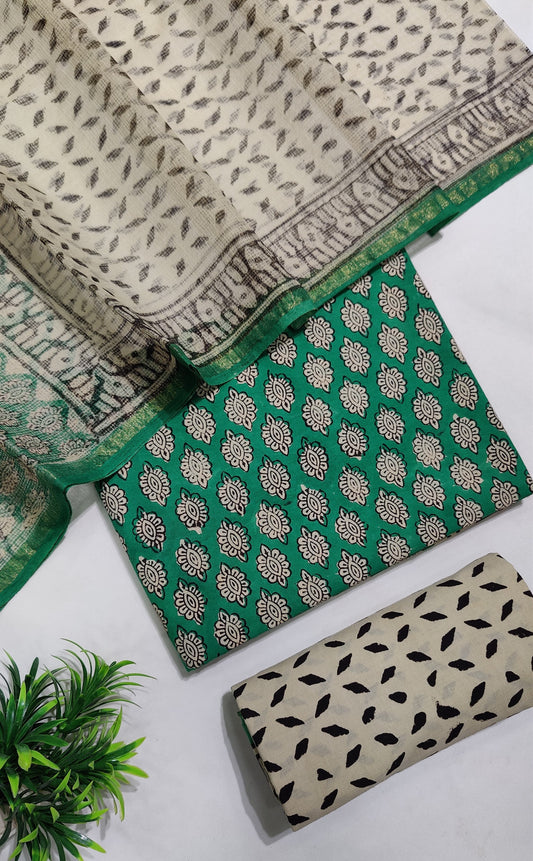 Hand Block Printed Pure Cotton Suit Set with Kota Dupatta