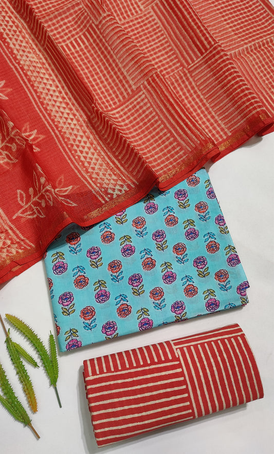 Hand Block Printed Pure Cotton Suit Set with Kota Dupatta