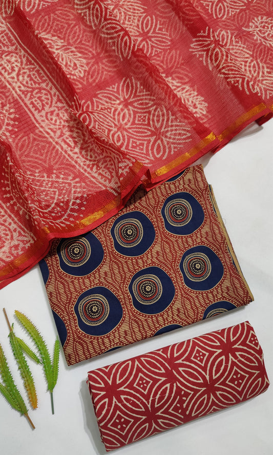 Hand Block Printed Pure Cotton Suit Set with Kota Dupatta