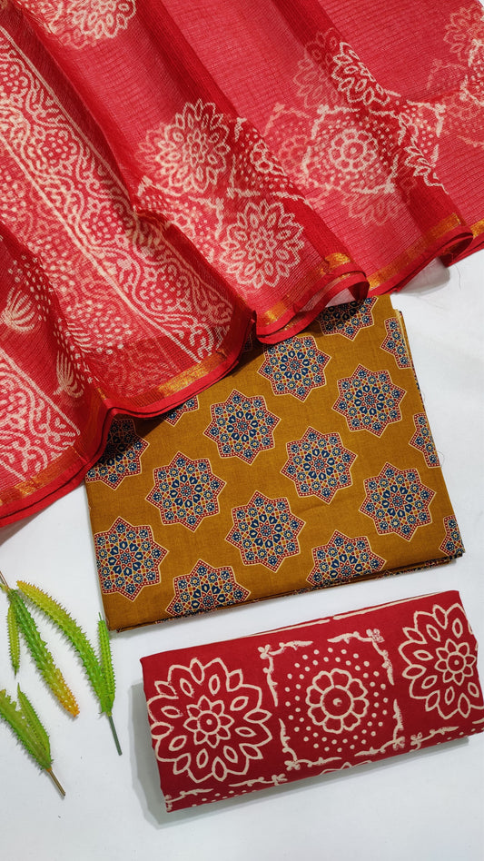 Hand Block Printed Pure Cotton Suit Set with Kota Dupatta