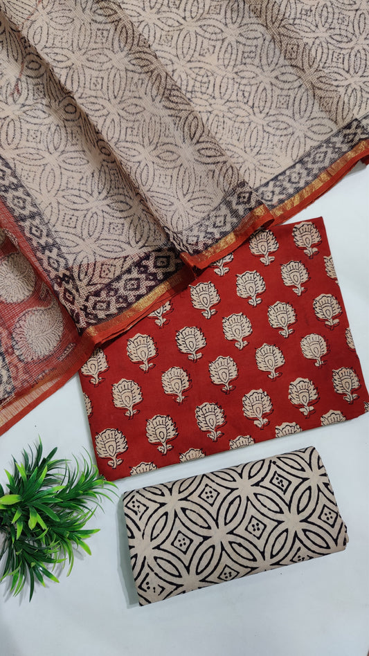 Hand Block Printed Pure Cotton Suit Set with Kota Dupatta