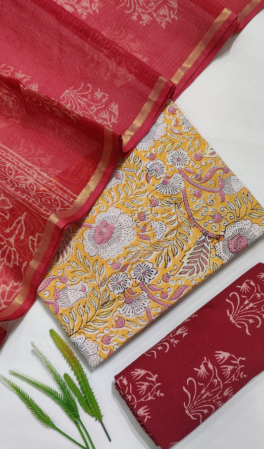 Hand Block Printed Pure Cotton Suit Set with Kota Dupatta