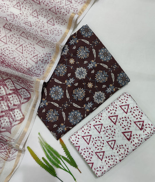 Hand Block Printed Pure Cotton Suit Set with Kota Dupatta