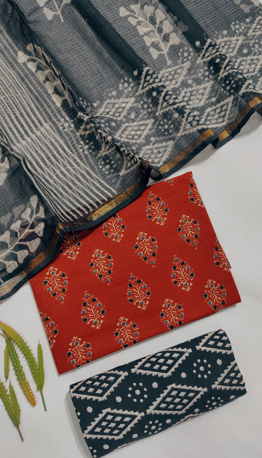 Hand Block Printed Pure Cotton Suit Set with Kota Dupatta