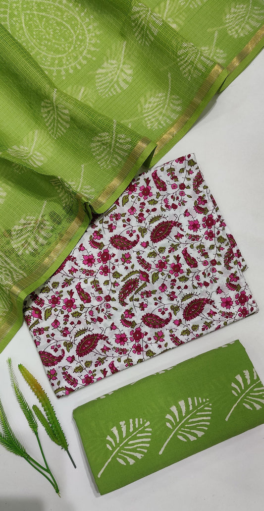 Hand Block Printed Pure Cotton Suit Set with Kota Dupatta
