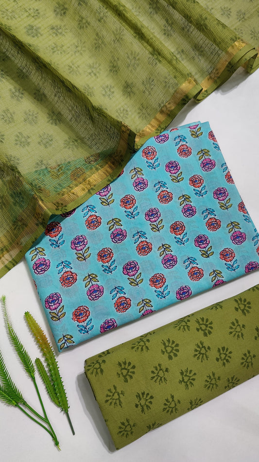 Hand Block Printed Pure Cotton Suit Set with Kota Dupatta