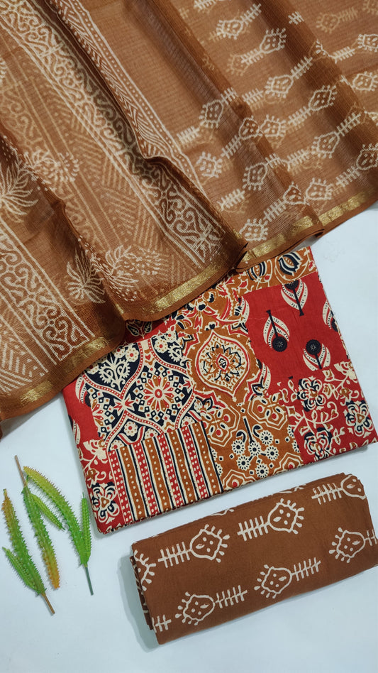 Hand Block Printed Pure Cotton Suit Set with Kota Dupatta