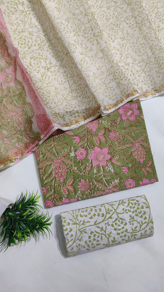 Hand Block Printed Pure Cotton Suit Set with Kota Dupatta