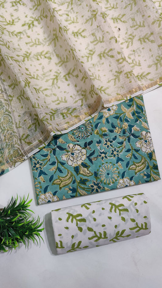 Hand Block Printed Pure Cotton Suit Set with Kota Dupatta