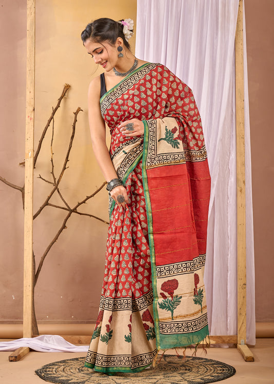 Hand Block Printed Chanderi silk Saree