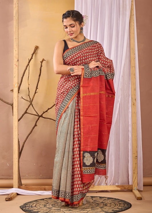 Hand Block Printed Chanderi silk Saree
