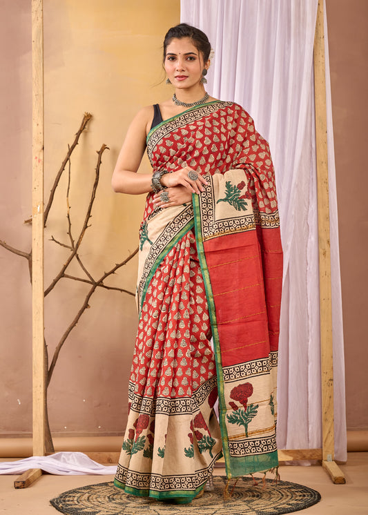 Hand Block Printed Chanderi silk Saree