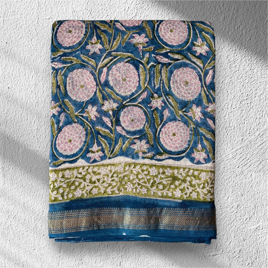 Hand Block Printed Maheshwari Saree