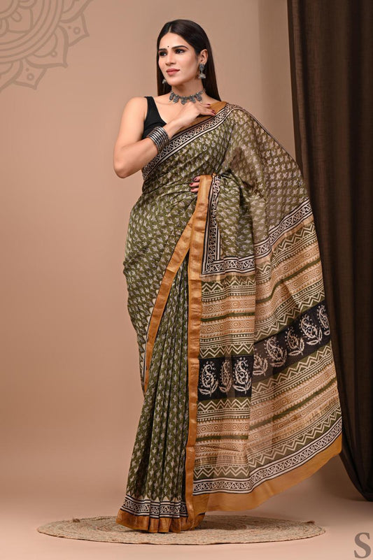 Hand Block Printed Maheshwari Saree