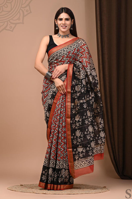 Hand Block Printed Maheshwari Saree