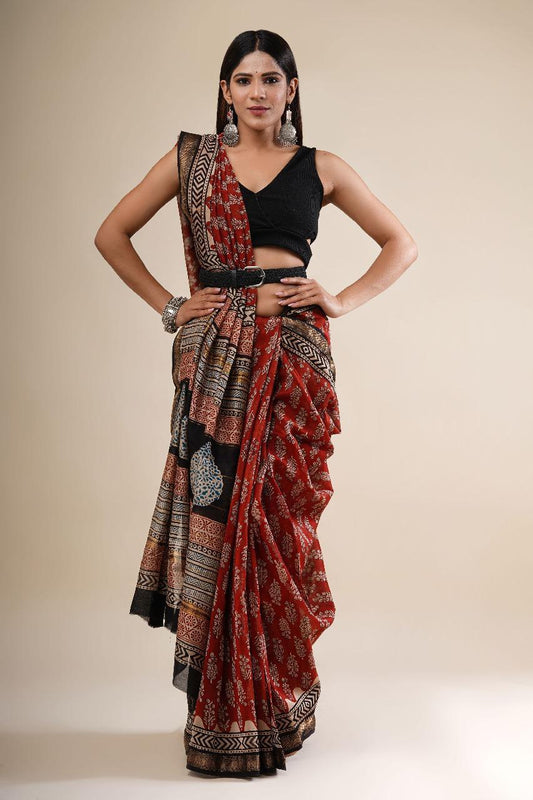 Hand Block Printed Maheshwari Saree