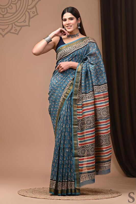Hand Block Printed Maheshwari Saree