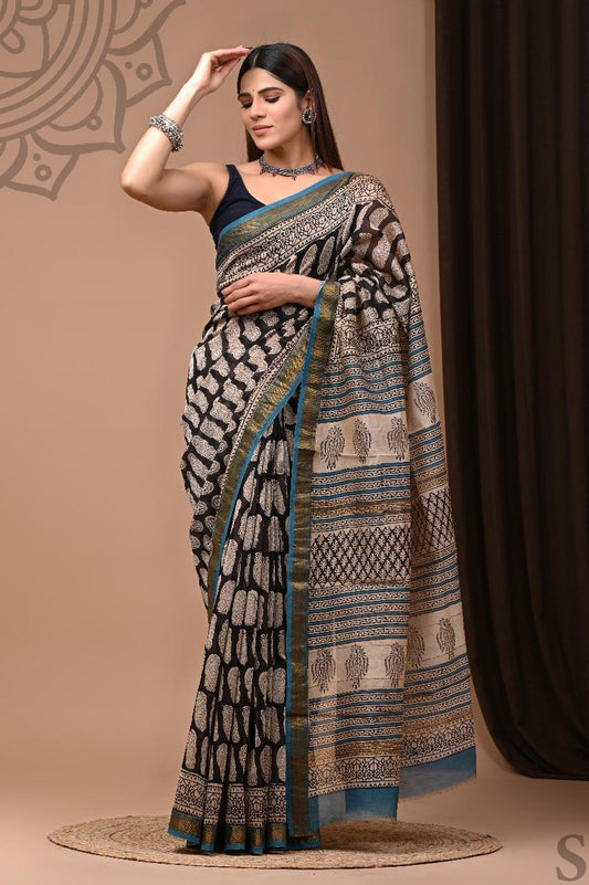 Hand Block Printed Maheshwari Saree