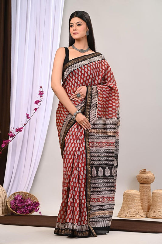 Hand Block Printed Maheshwari Saree