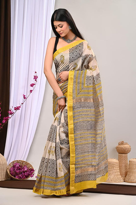 Hand Block Printed Maheshwari Saree
