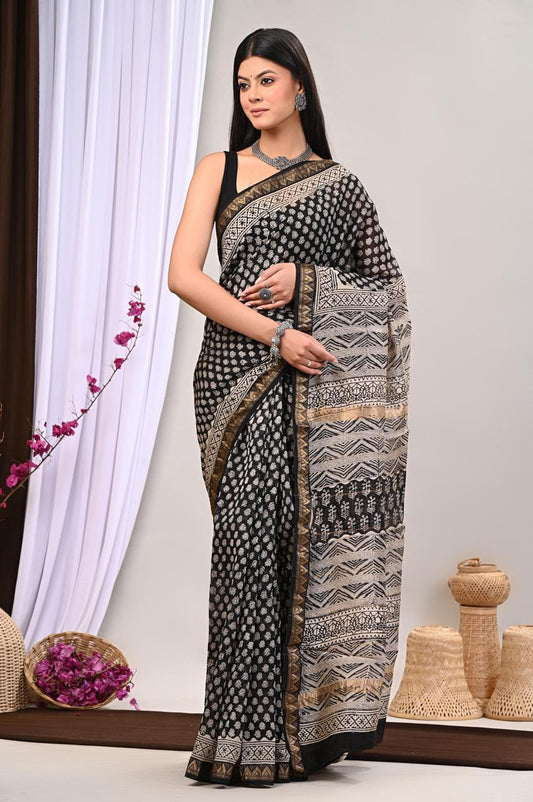 Hand Block Printed Maheshwari Saree
