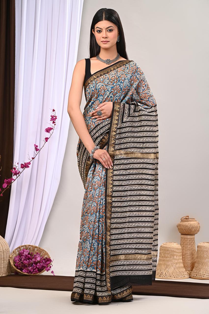 Hand Block Printed Maheshwari Saree