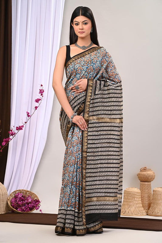 Hand Block Printed Maheshwari Saree