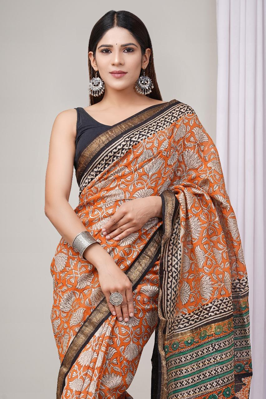 Hand Block Printed Maheshwari Saree