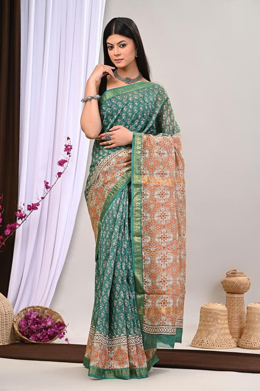 Hand Block Printed Maheshwari Saree