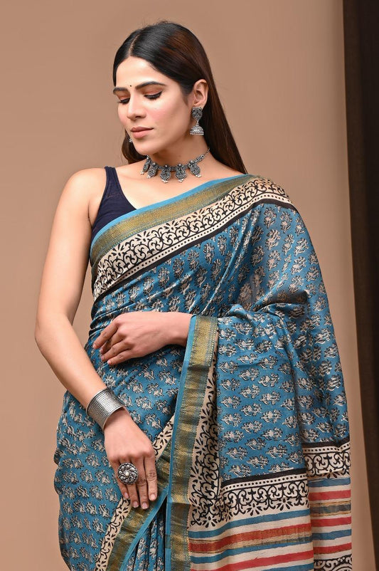 Hand Block Printed Maheshwari Saree