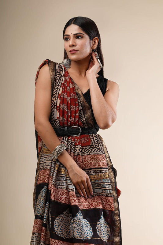 Hand Block Printed Maheshwari Saree