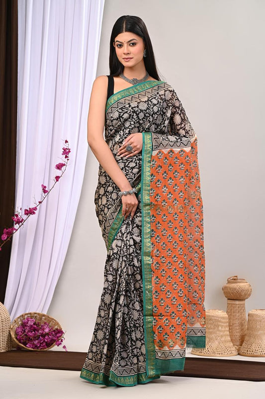 Hand Block Printed Maheshwari Saree