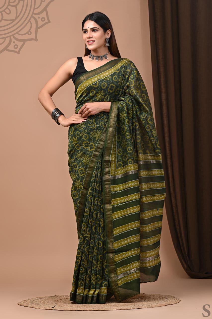 Hand Block Printed Maheshwari Saree
