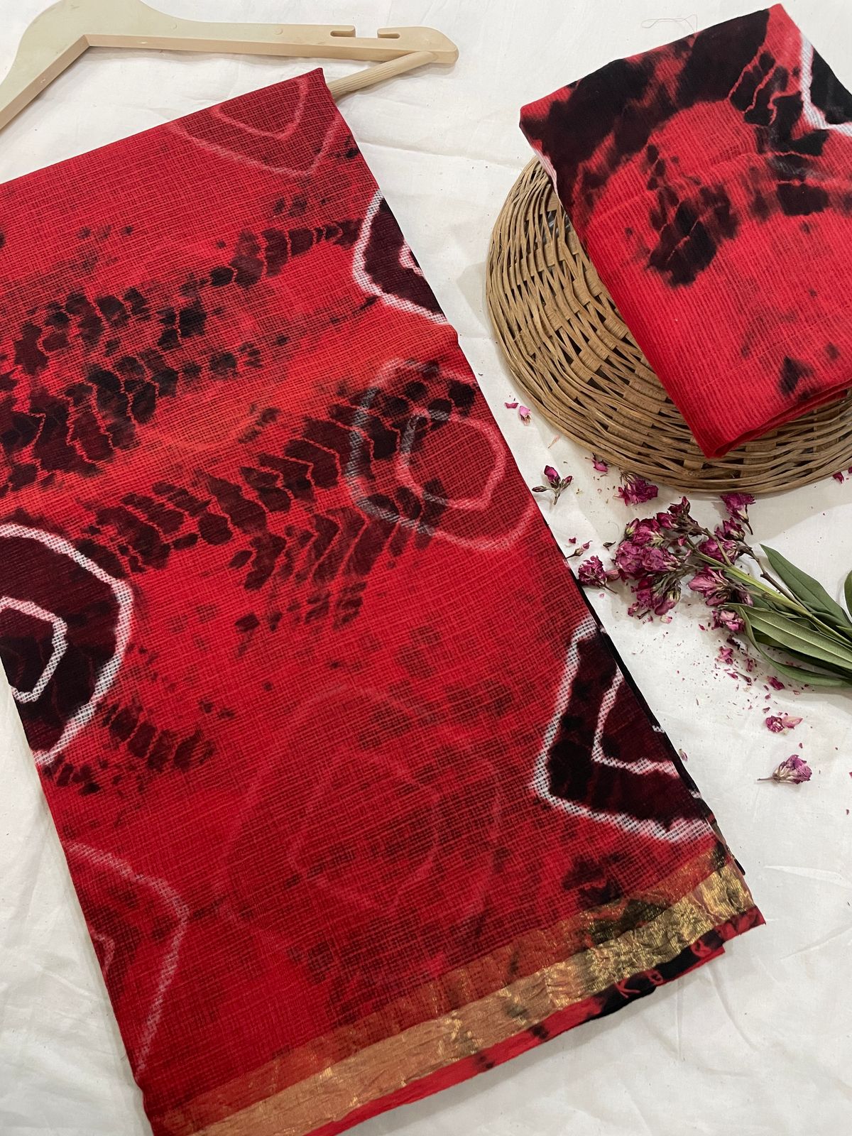 Hand block printed cotton linen saree