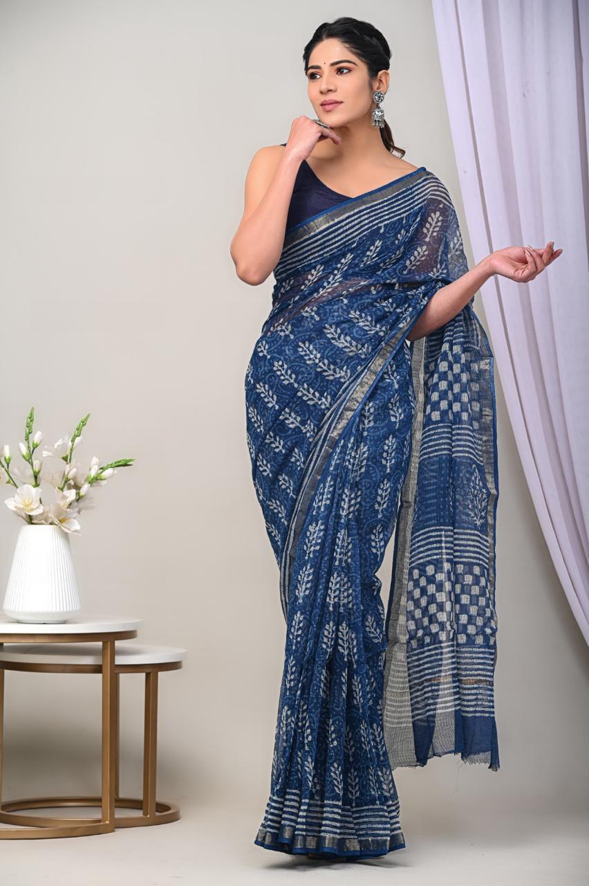 Hand block printed cotton linen saree